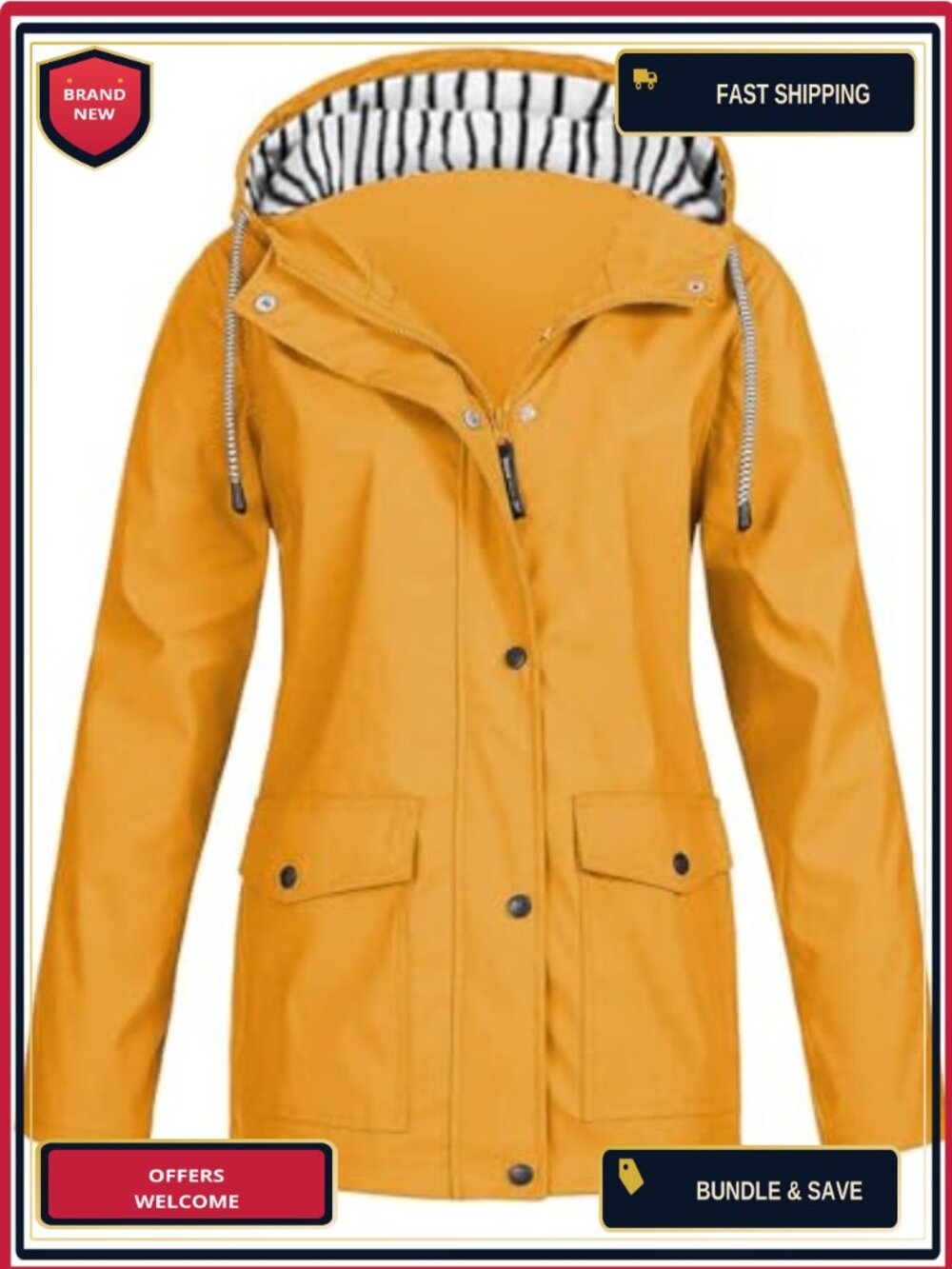 Women's Waterproof Hooded Rain Jacket Lightweight Plus Size Zippered